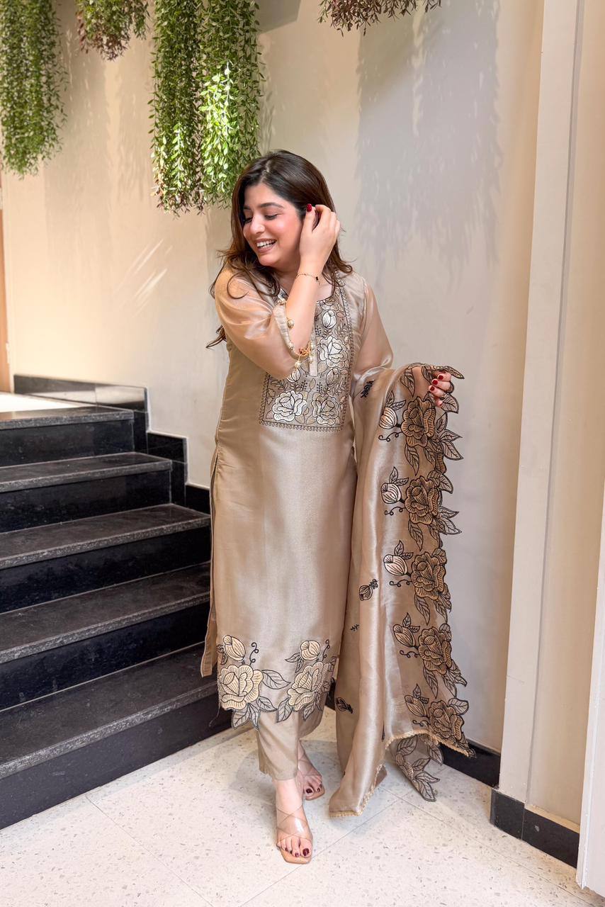 New Designer Jimmy Choo Silk Embroidered Suit Set with Dupatta