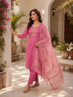 New Designer Light Pink Mul Chanderi Suit Set with Beautiful Hand Work