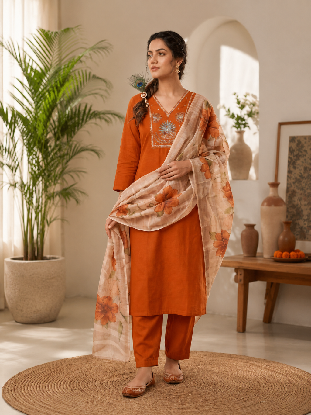 Elegant Rust Premium Roman Silk Embroidered Suit Set with Floral Dupatta