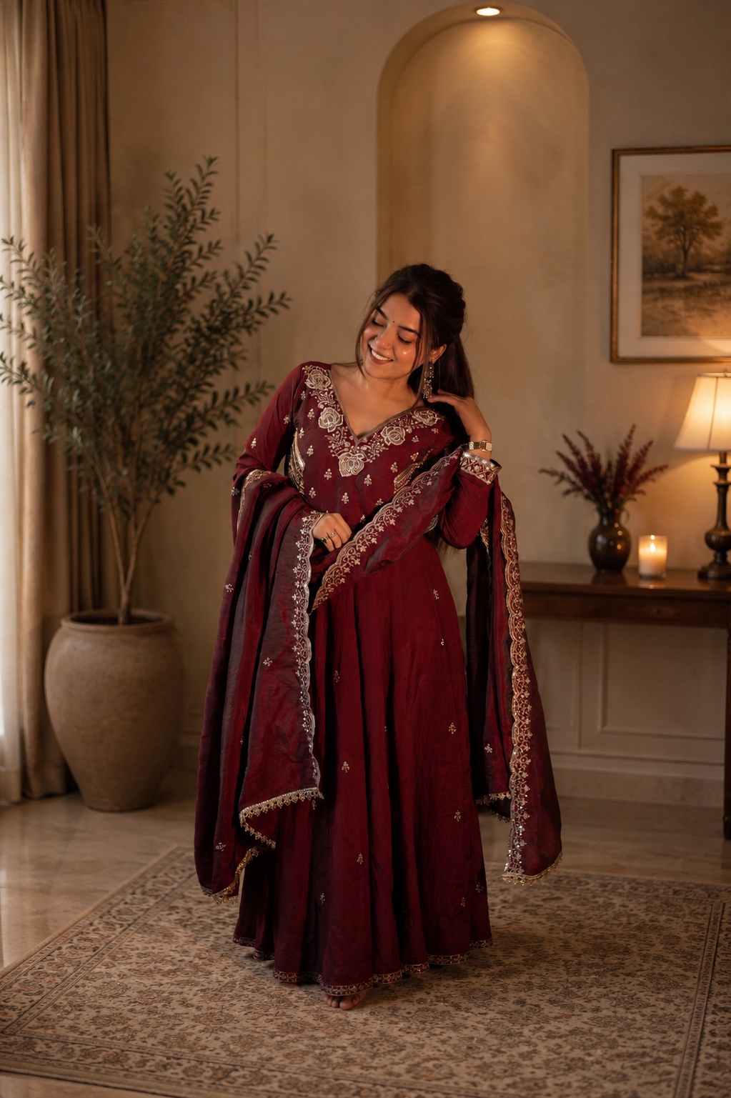 New Designer Vichitra Silk Embroidered Anarkali Suit Set