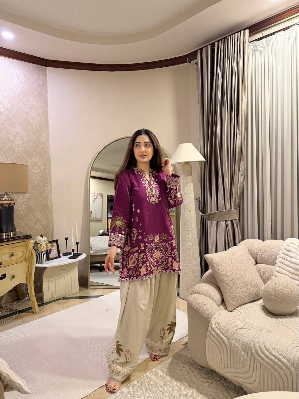 Very Attractive Magenta Floral Embroidered French Crepe Tunic Set