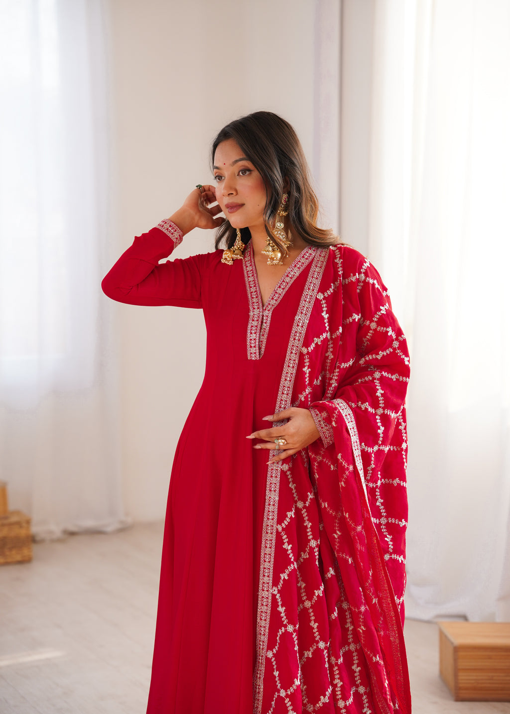 Cherry Red Luxury Festive Anarkali gown Suit with Intricate Silver Embroidery