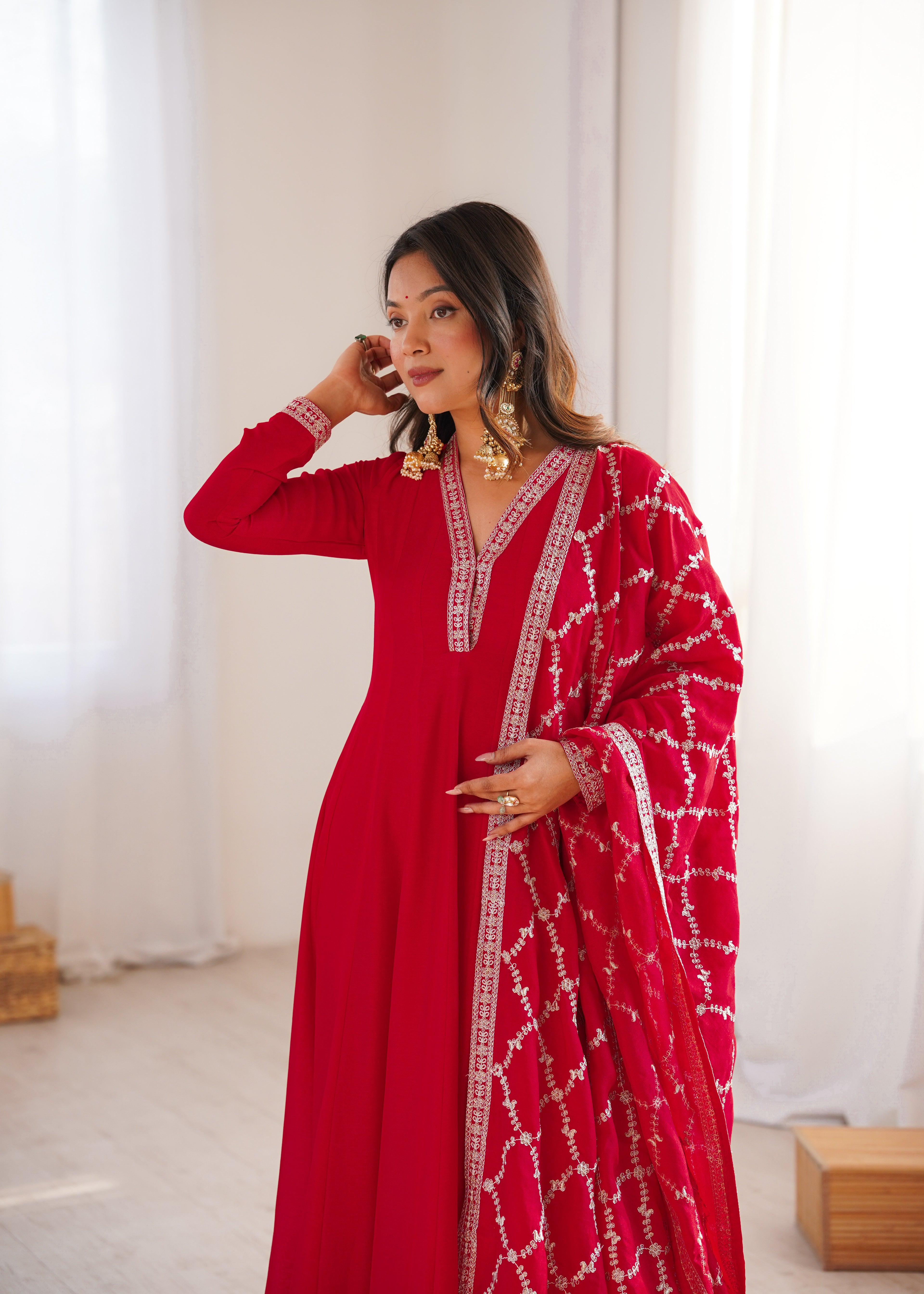 Cherry Red Luxury Festive Anarkali gown Suit with Intricate Silver Embroidery