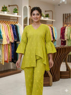 New Designer Lime Green Embroidered Cotton Co-ord Set