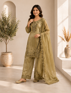 Elegant Olive Green Crunchy Silk Embroidered Suit Set with Organza Dupatta