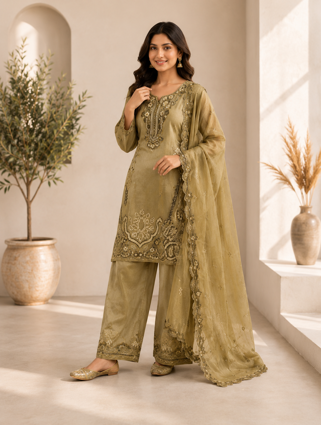 Elegant Olive Green Crunchy Silk Embroidered Suit Set with Organza Dupatta