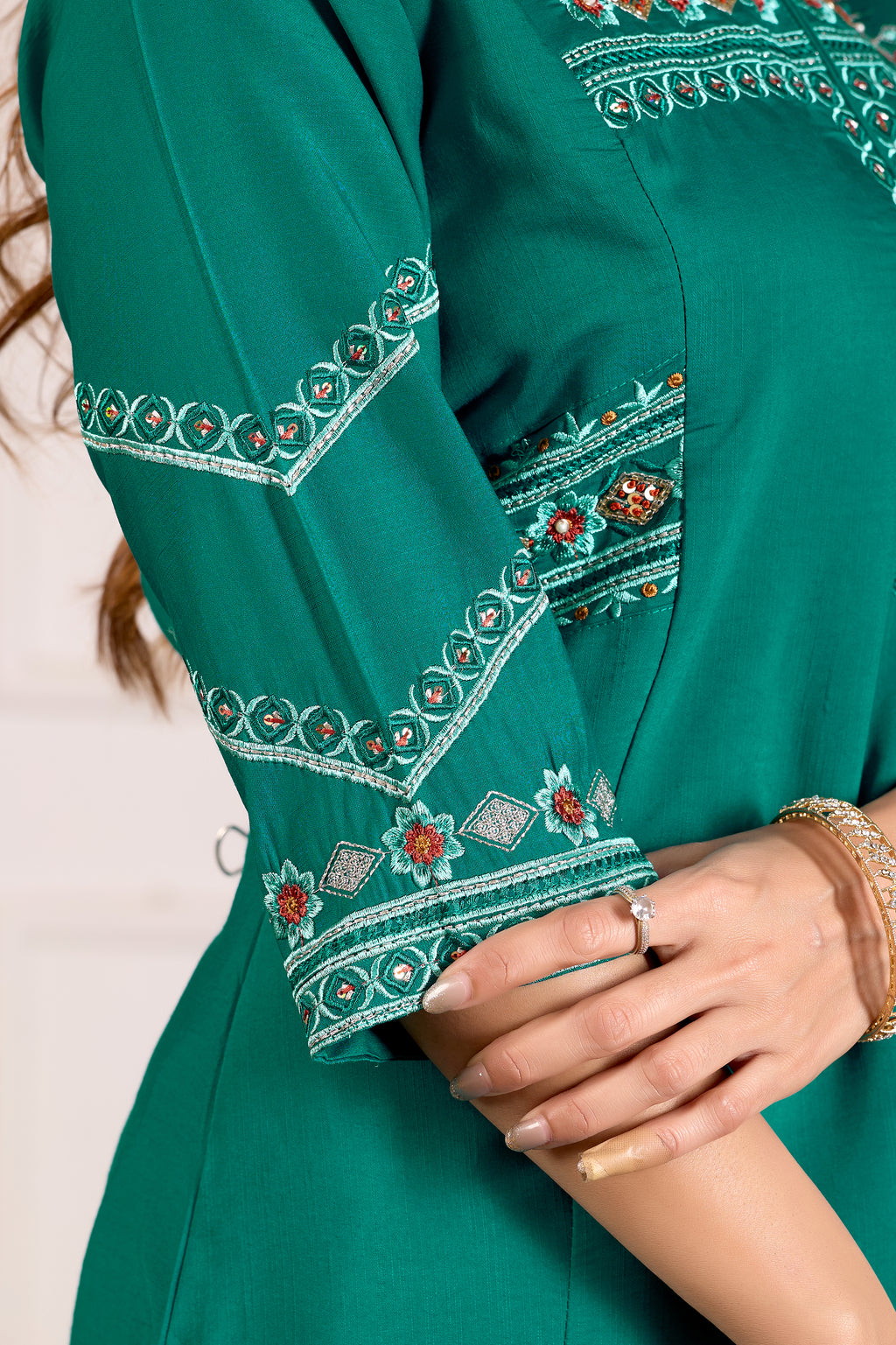 Designer Rama Green Viscose Mango Silk Anarkali Kurti Set