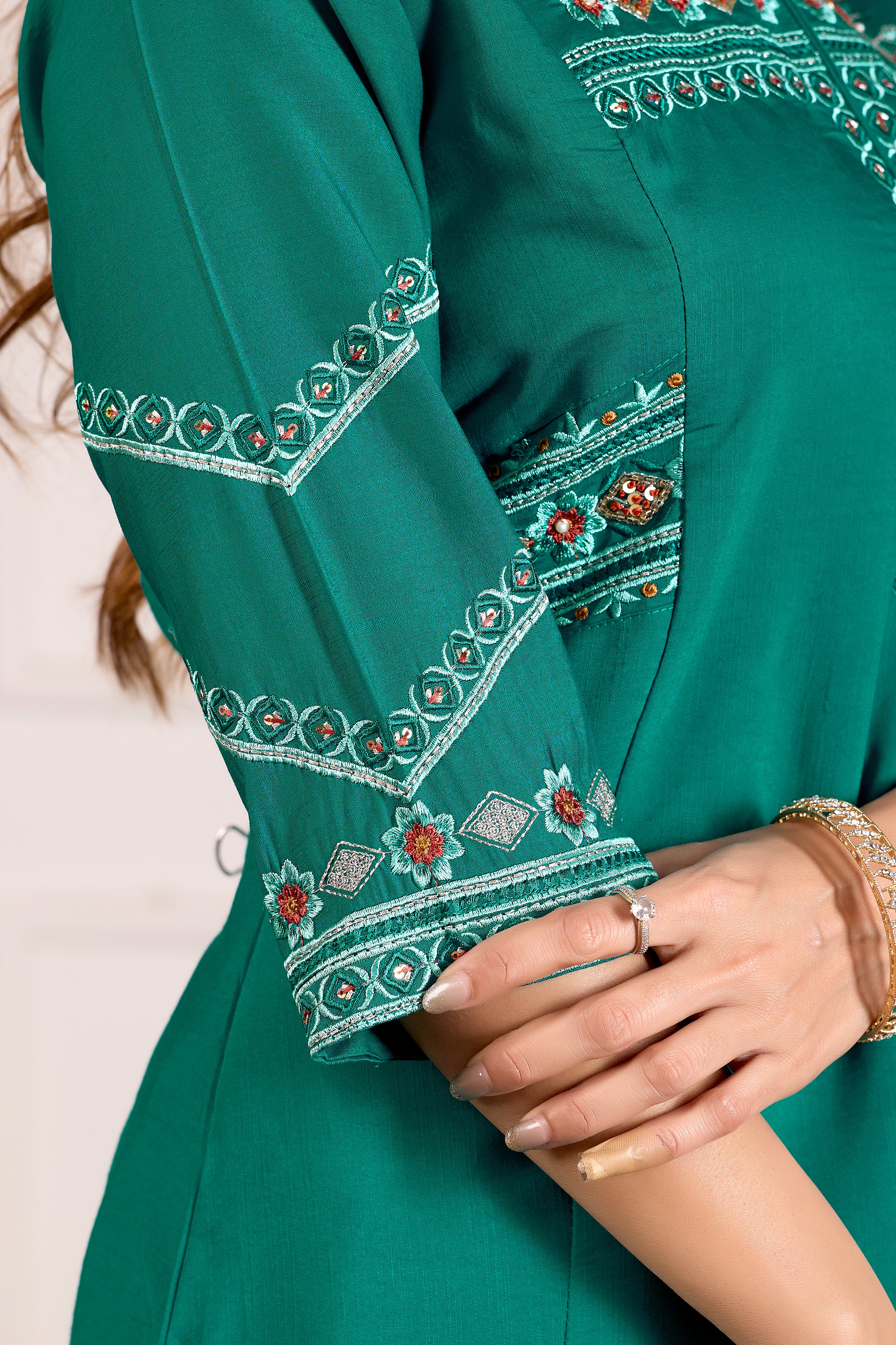 Designer Rama Green Viscose Mango Silk Anarkali Kurti Set