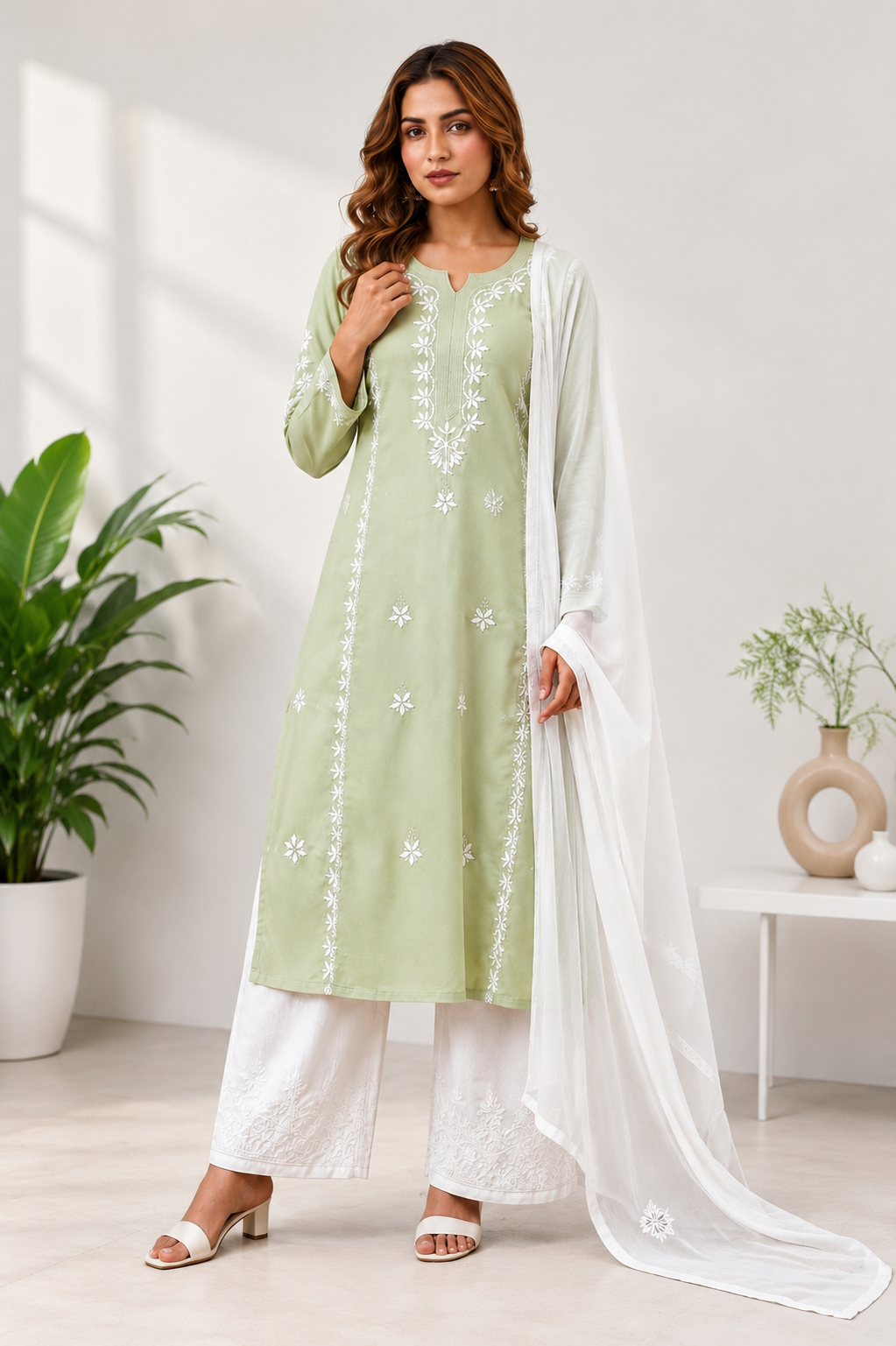 Elegant Sage Green Rayon Embroidered Suit Set With Dupatta