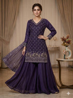 New Designer Purple Fandy Silk Embroidered Suit Set with Organza Dupatta