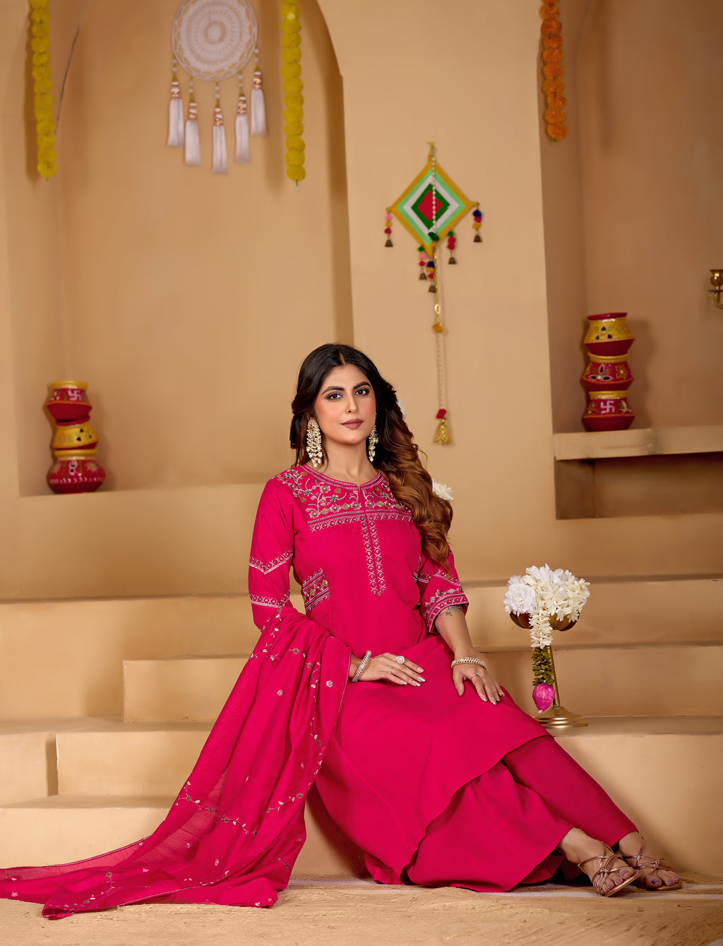 Attractive Rani Pink Viscose Mango Silk Anarkali Kurti Set