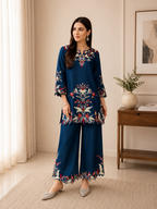 Premium Teal Blue French Crepe Embroidered Co-ord Set