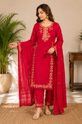 Elegant Red Embroidered Roman Silk Suit Set with Dupatta