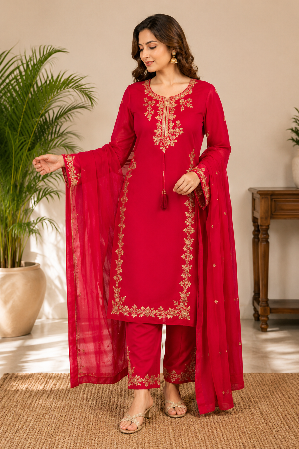 Elegant Red Embroidered Roman Silk Suit Set with Dupatta