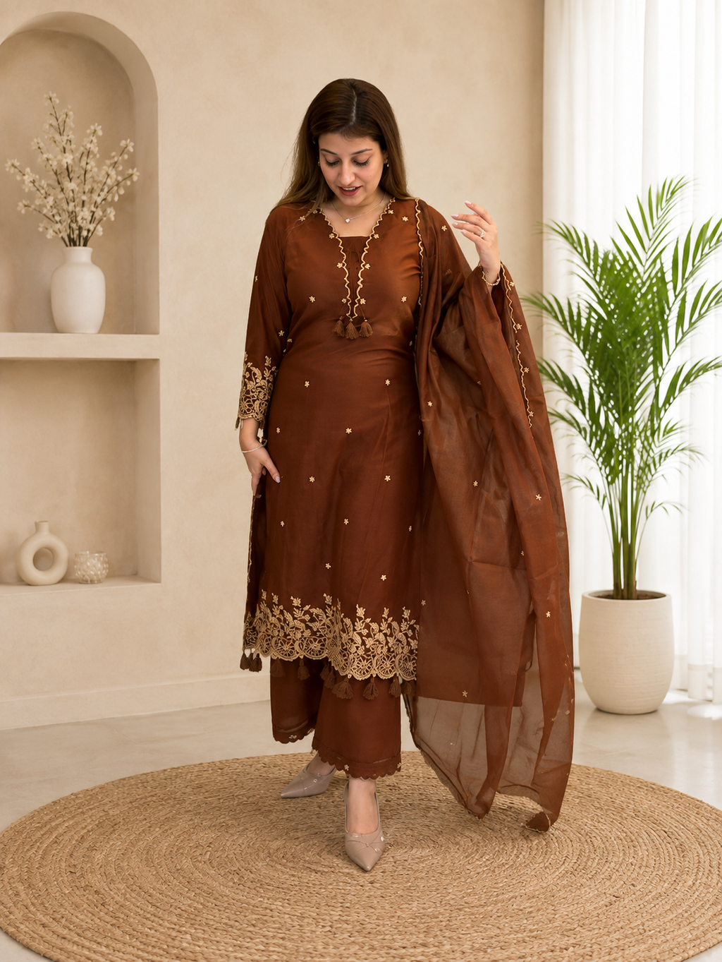 Festive Designer Brown Rayon Embroidery Straight Kurti Pants Set