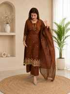 Festive Designer Brown Rayon Embroidery Straight Kurti Pants Set