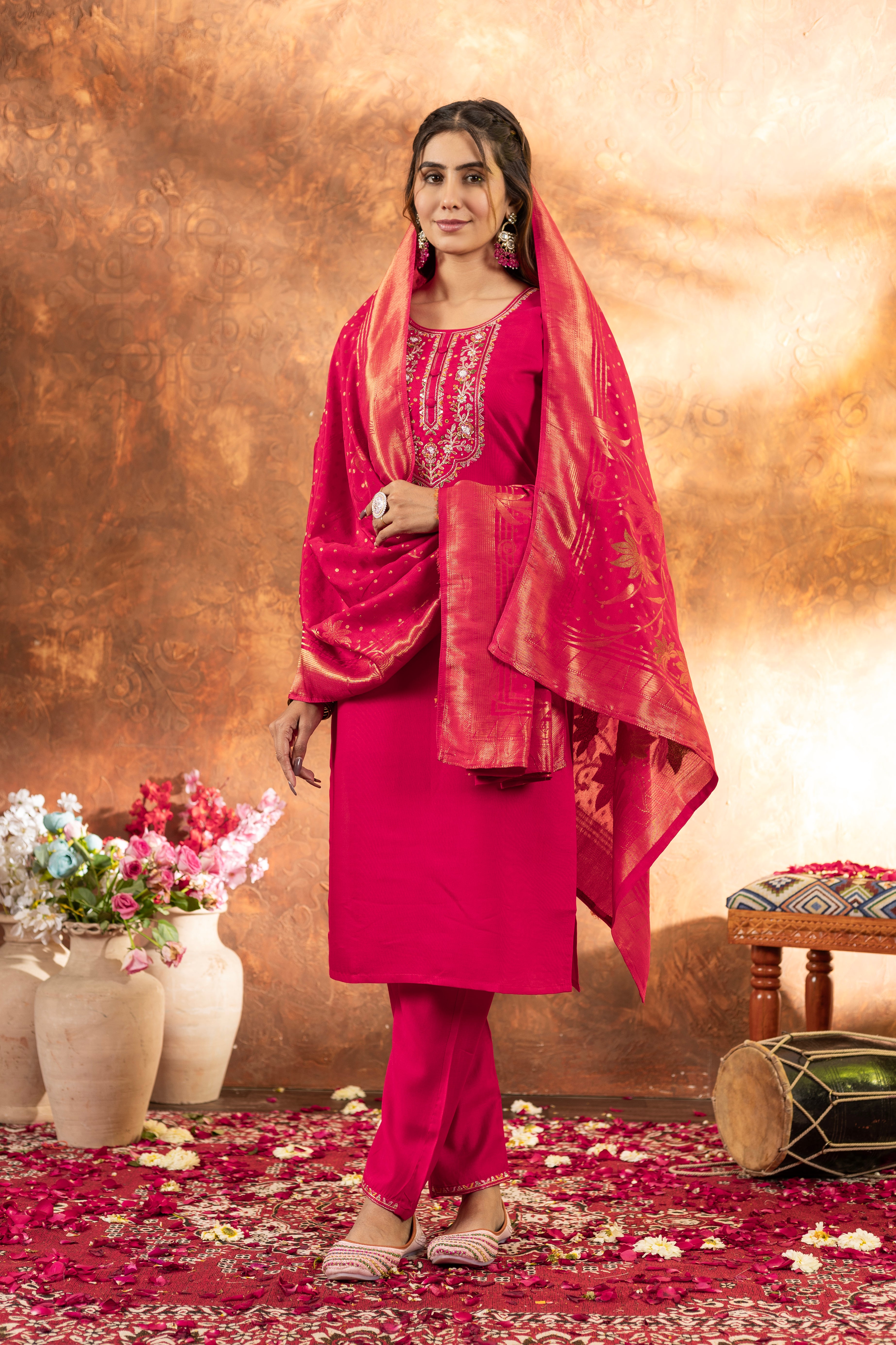 Designer Rani Pink Embroidered Marina Silk Suit