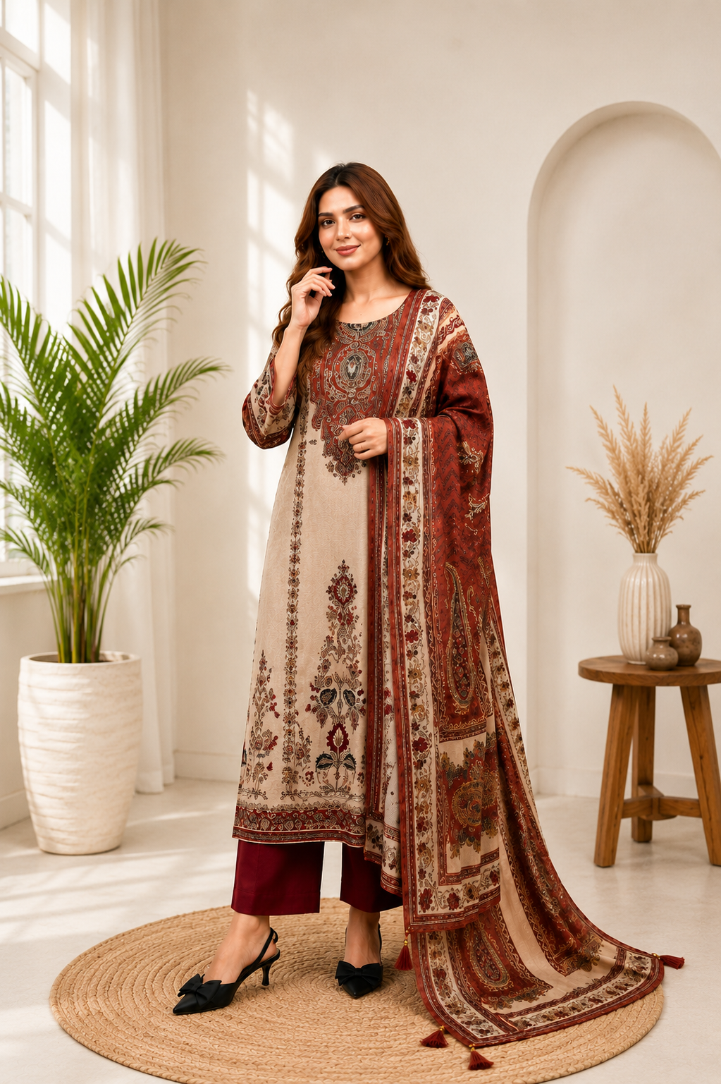 Very Attractive Beige and Maroon Printed Chinon Suit Set With Mirror Work