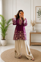Very Attractive Magenta Floral Embroidered French Crepe Tunic Set