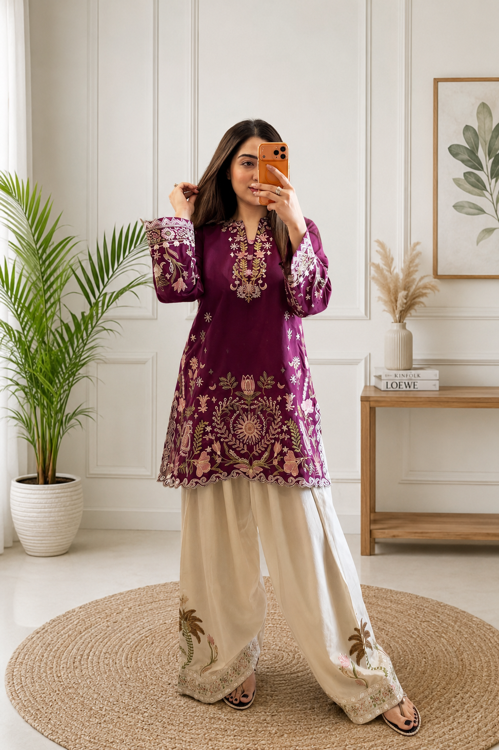 Very Attractive Magenta Floral Embroidered French Crepe Tunic Set