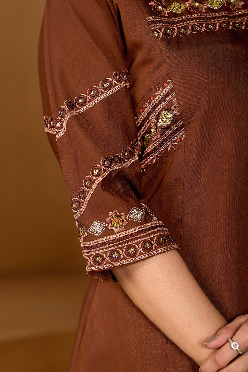 Elegant Coffee Brown Viscose Mango Silk Embroidered Suit Set