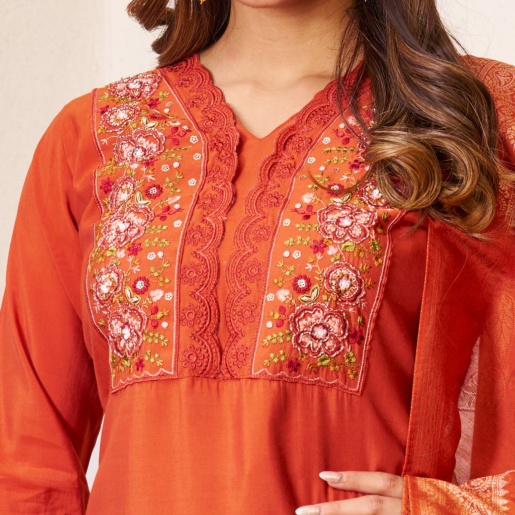Beautiful Orange Roman Silk Embroidered Kurti Pant Dupatta Set