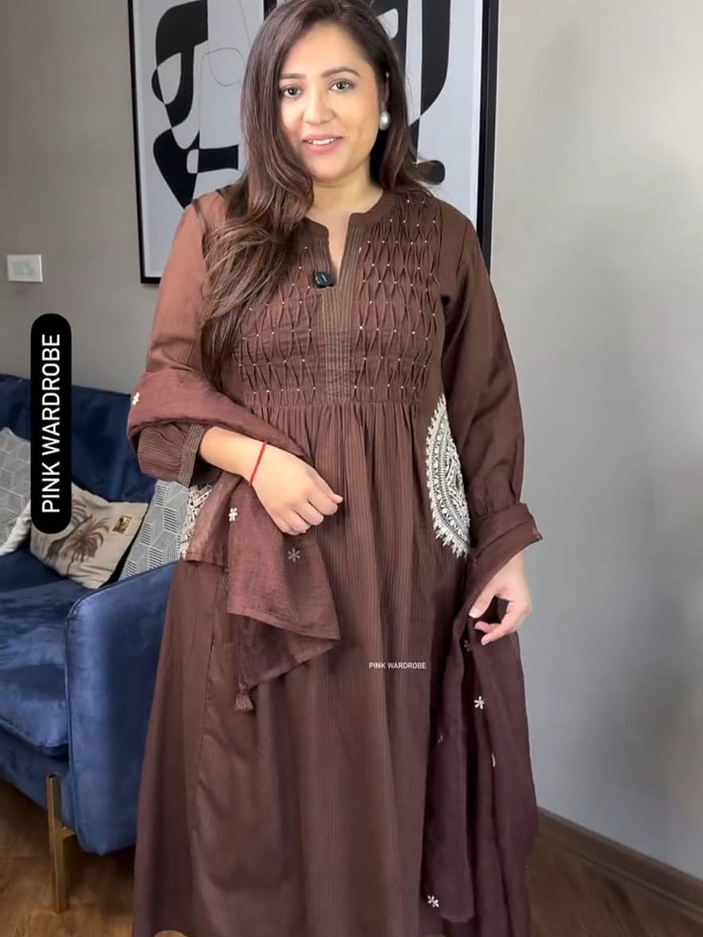 Elegant Brown A-Line Handwork Pure Cotton Suit Set