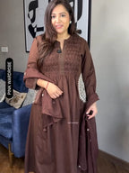 Elegant Brown A-Line Handwork Pure Cotton Suit Set