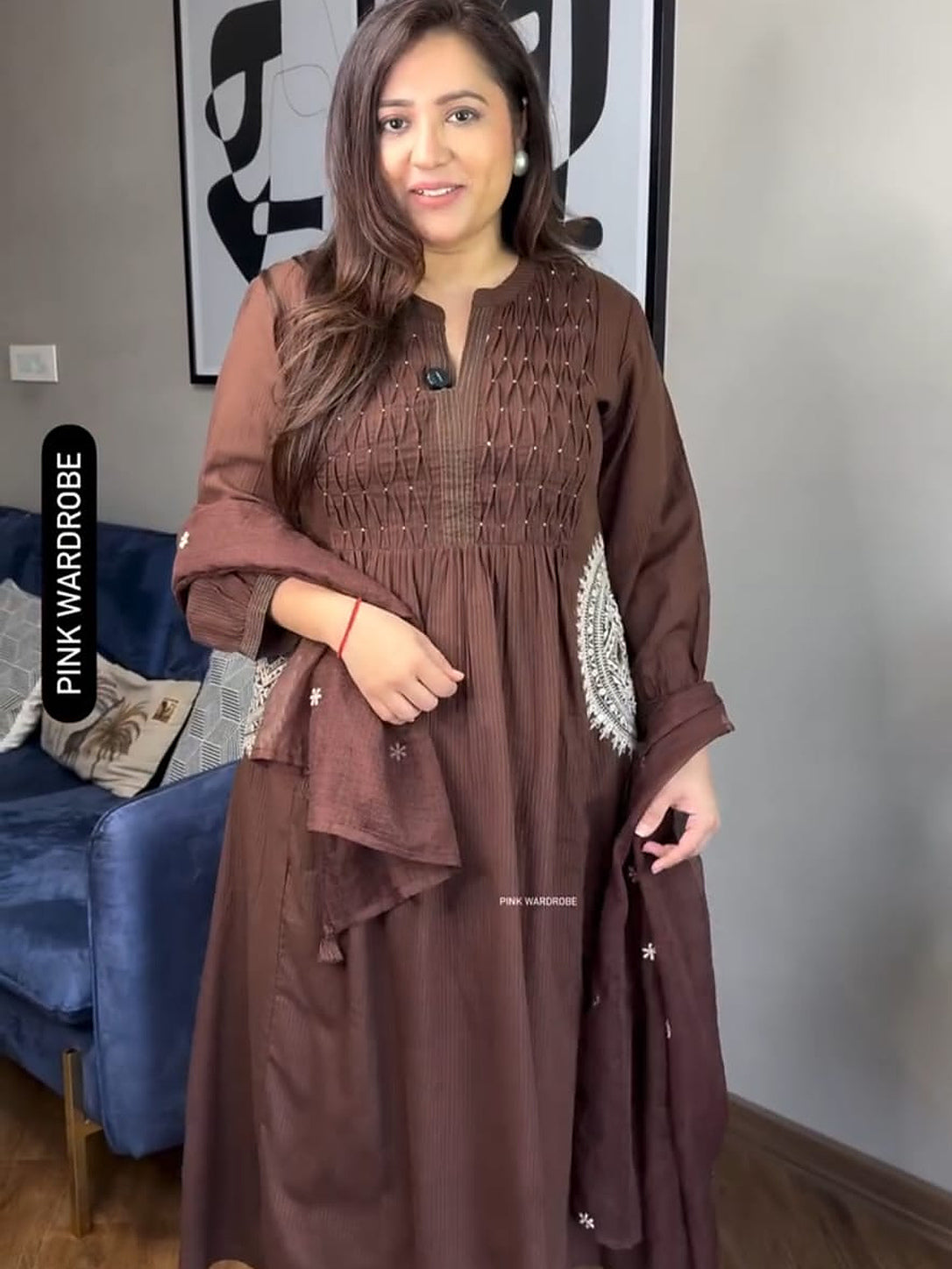 Elegant Brown A-Line Handwork Pure Cotton Suit Set