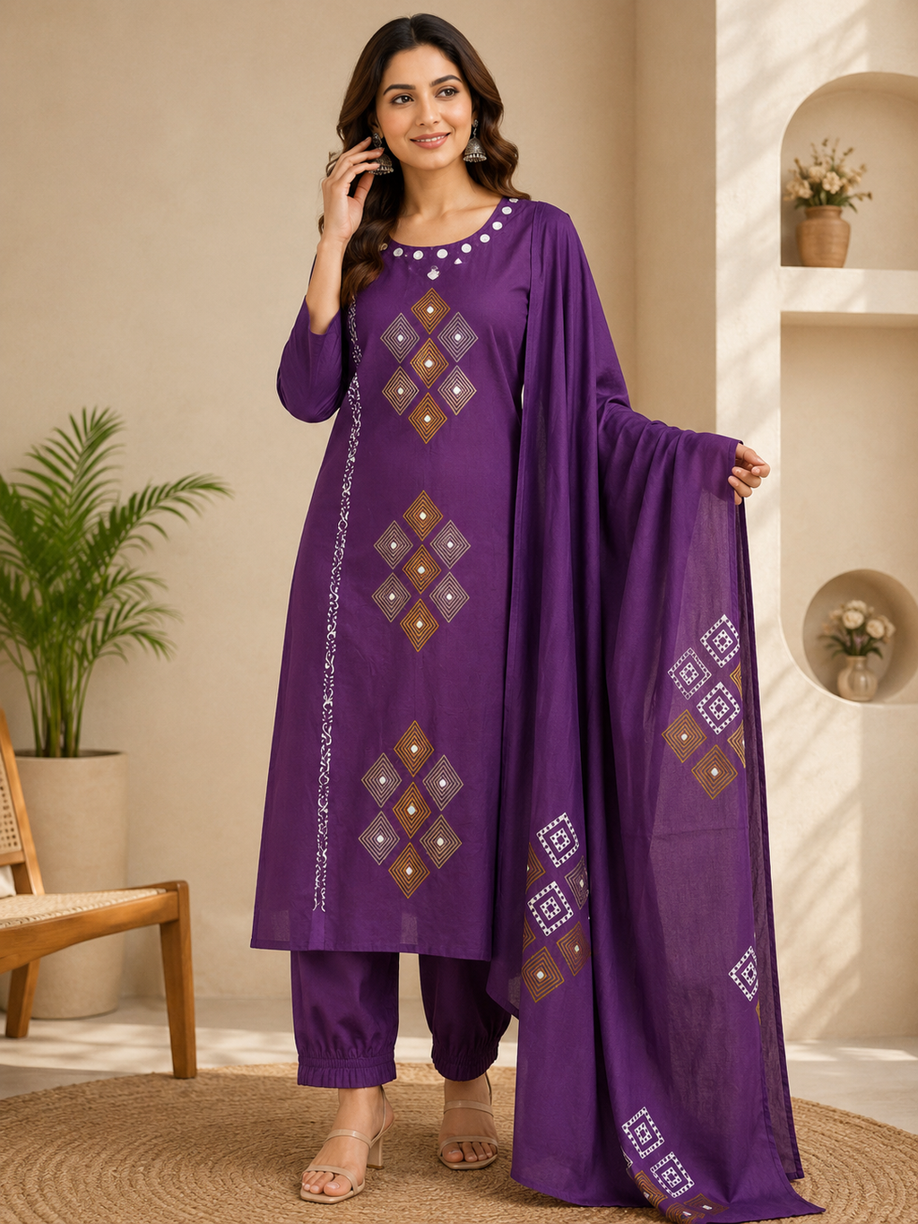 Elegant Royal Purple Pure Cotton Suit Set With Mirror Hand Work