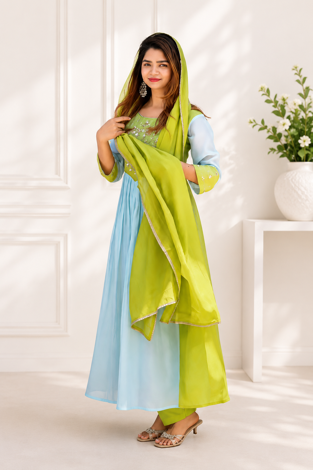 Designer Premium Lime Green & Pastel Blue Pure Mul Chanderi Embroidered Suit Set