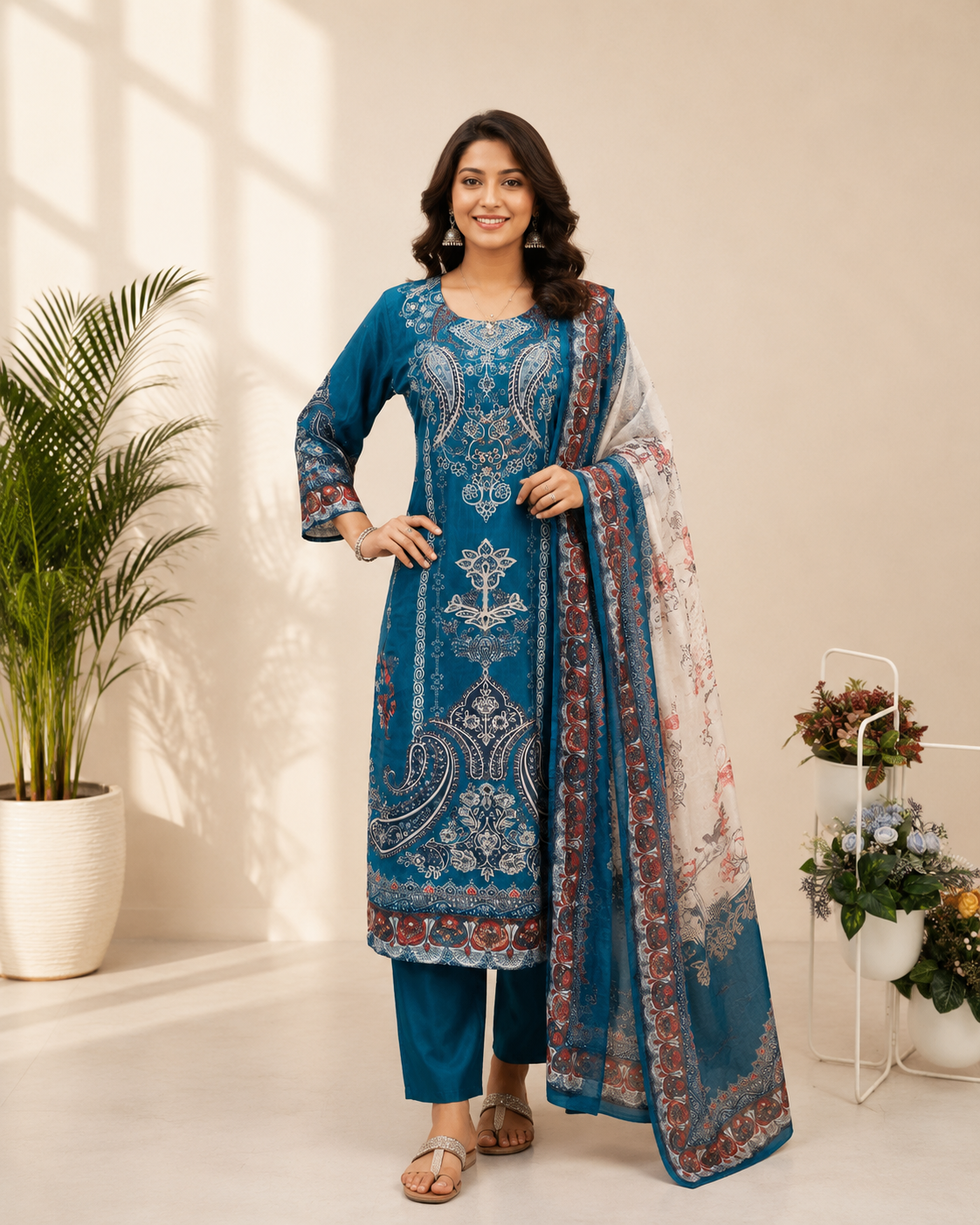 Elegant Teal Blue Chinon Printed Suit Set with Real Mirror Work