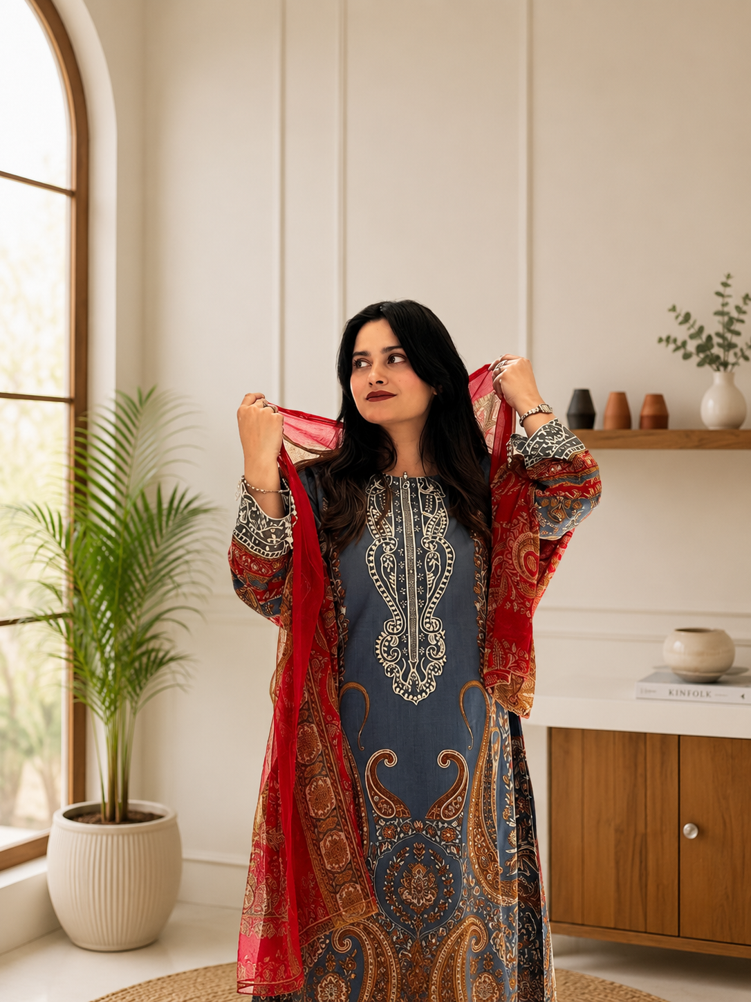 Elegant Blue Printed Chinon Anarkali Suit Set With Diamond Work