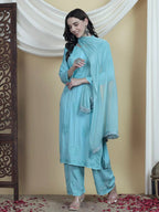 Elegant Sky Blue Rayon Embroidered Salwar Suit with Palazzo Pants