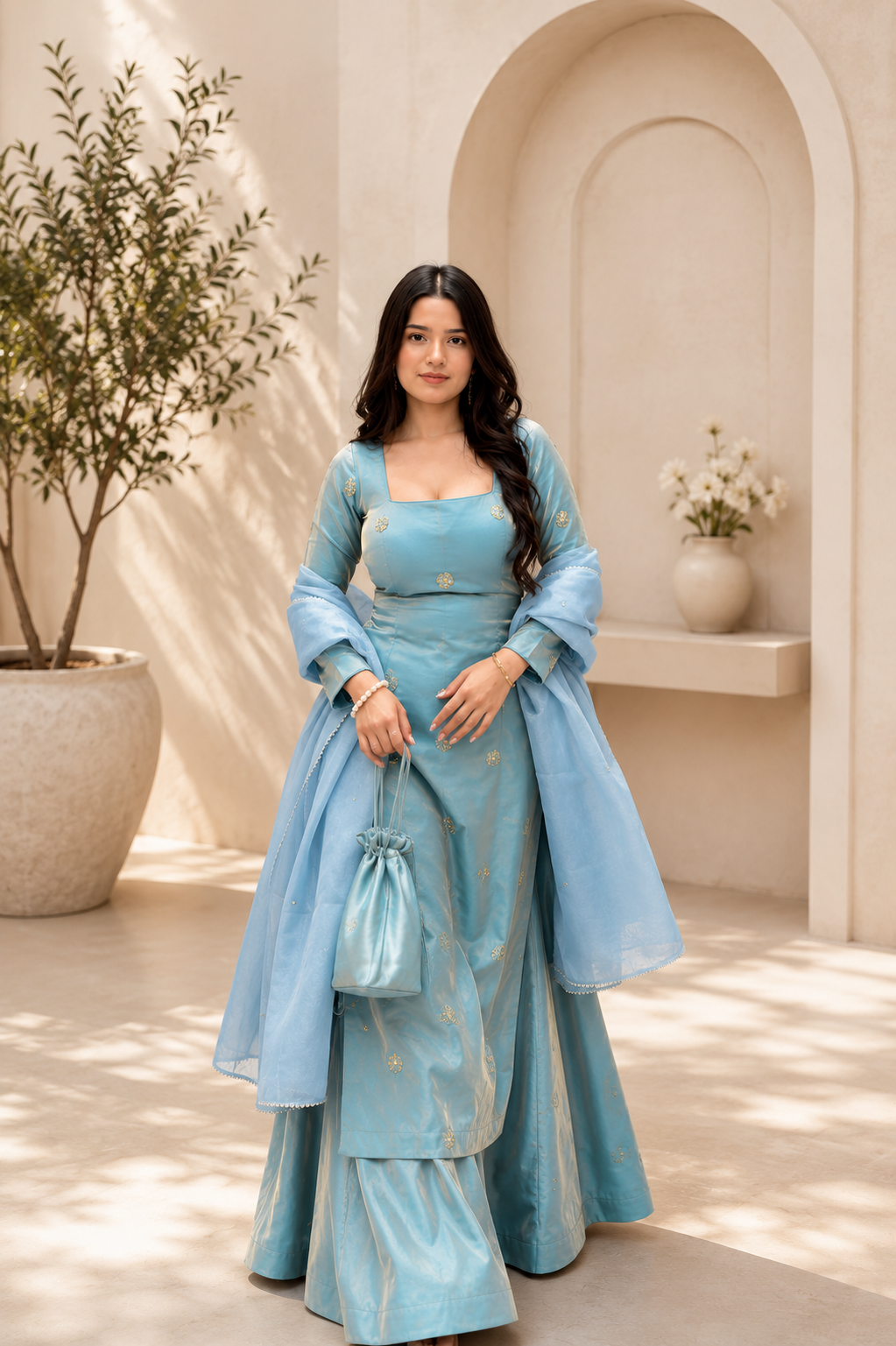 Elegant Sky Blue Fandy Silk Sharara Set With Sequence Work