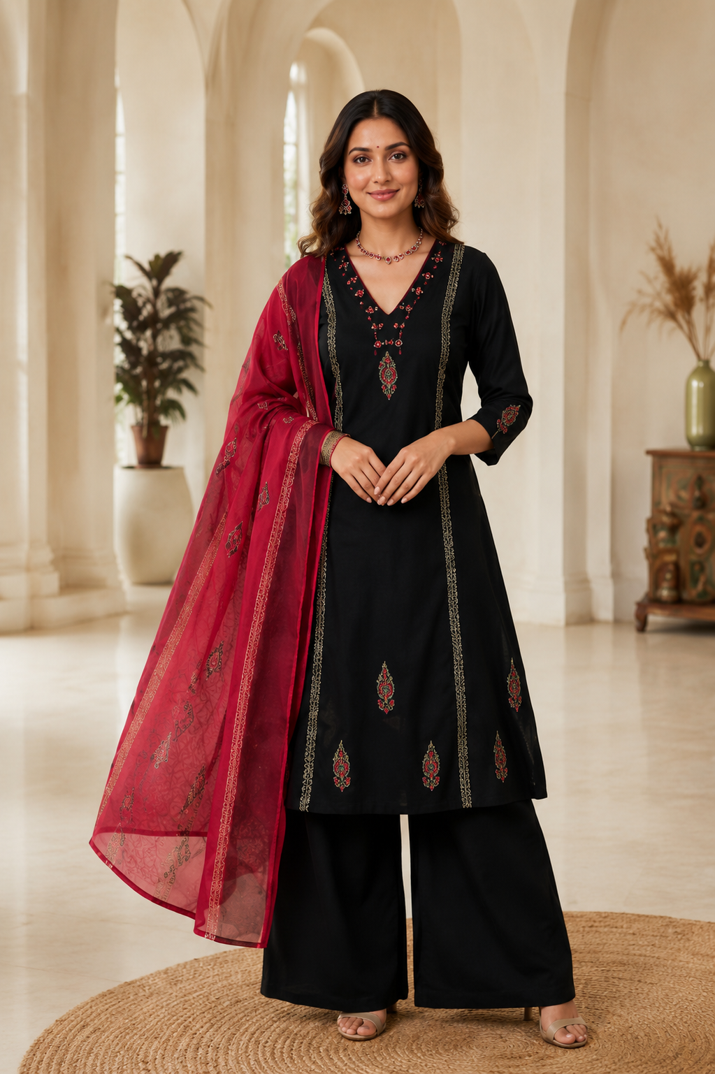 Classic Black Cotton Ethnic Suit Set With Block Print With Real Mirror Hand Work