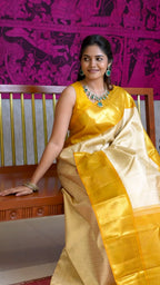 Beige Banarasi Silk Woven Design Saree With Gold Zari Weaving