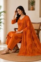 Premium Rust Orange Hand Block Print Pure Cotton Suit Set