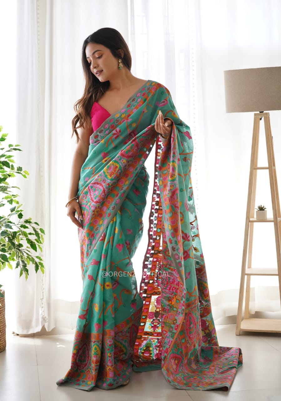Women's Designer Pure Soft Kashmiri Pasmina Kachi Work Saree