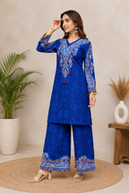 Designer Royal Blue Printed Crepe Silk Co-ord Set With Yoke Tassels