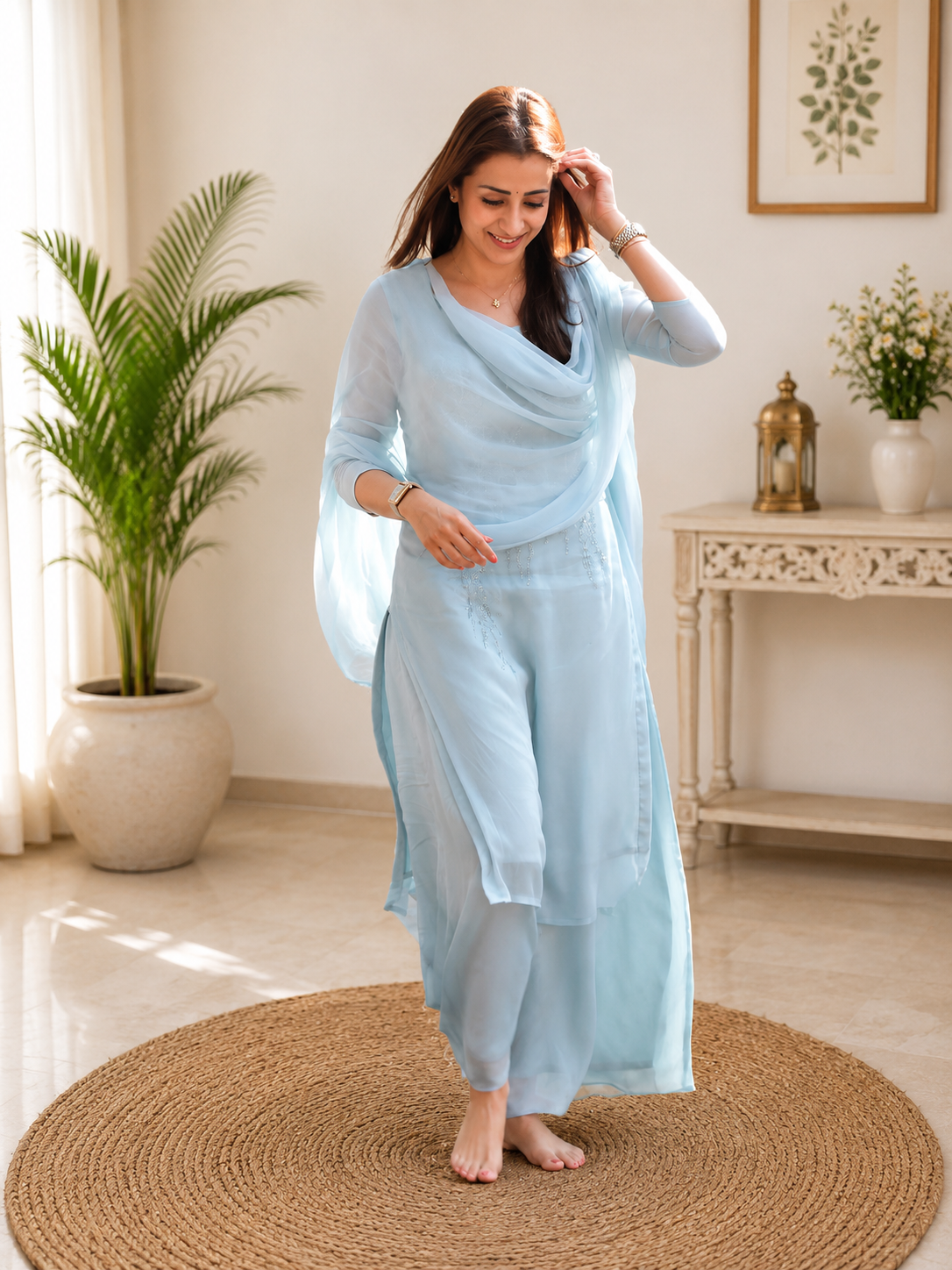 Attractive Blue Crunchy Silk Sequence Embroidery Anarkali Suit Set