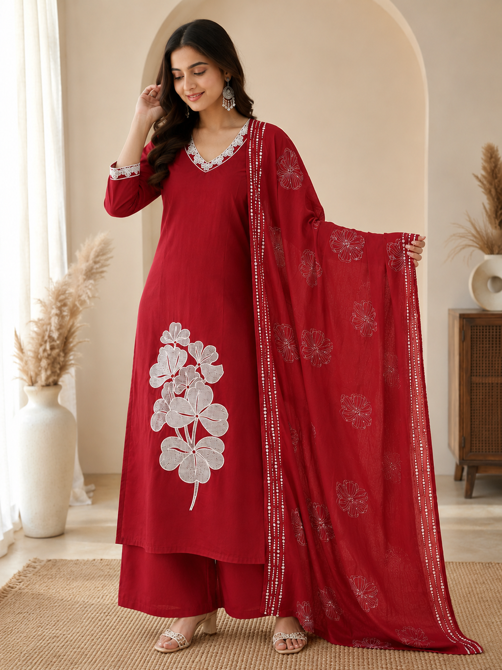 Very Beautiful Red Floral Embroidered Cotton Suit Set