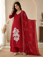 Very Beautiful Red Floral Embroidered Cotton Suit Set