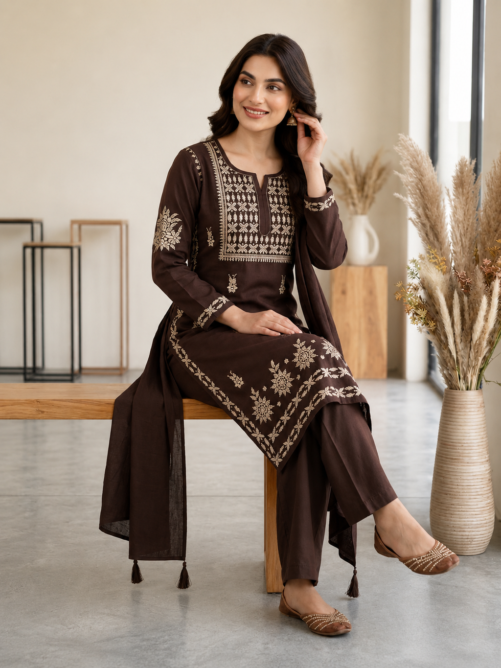 Very Attractive Brown Premium Rayon Embroidery Suit Set Set