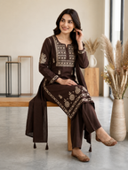 Very Attractive Brown Premium Rayon Embroidery Suit Set Set