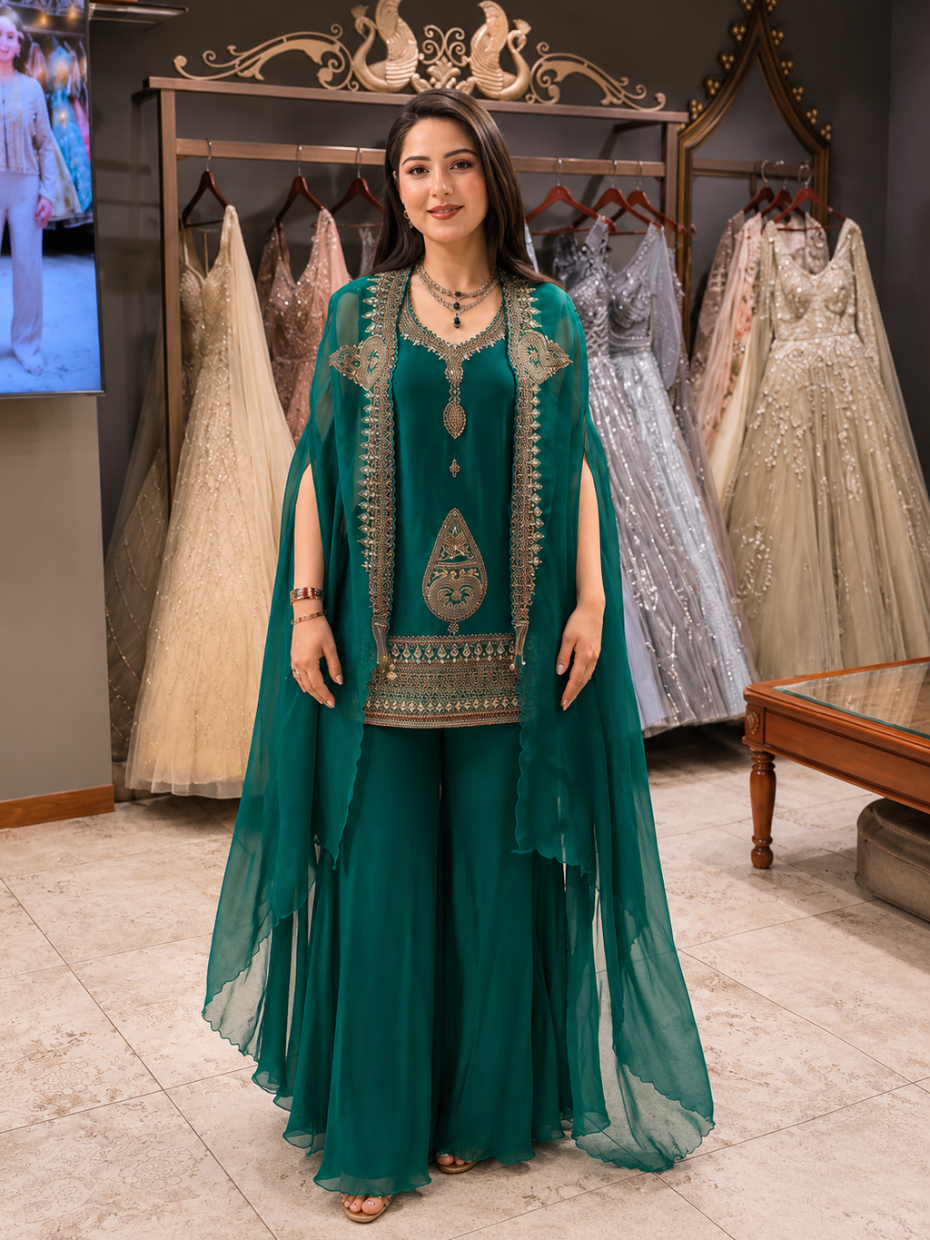 Emerald Green Rangoli Silk Indo-Western Set with Sequins Embroidered Cape Shrug