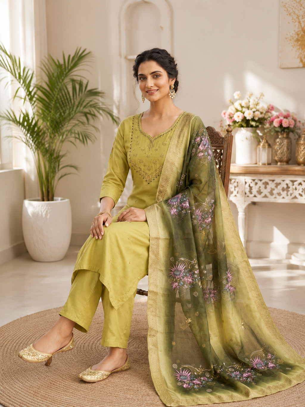 Very Beautiful Lime Green Handwork Premium Mul Chanderi Suit Set