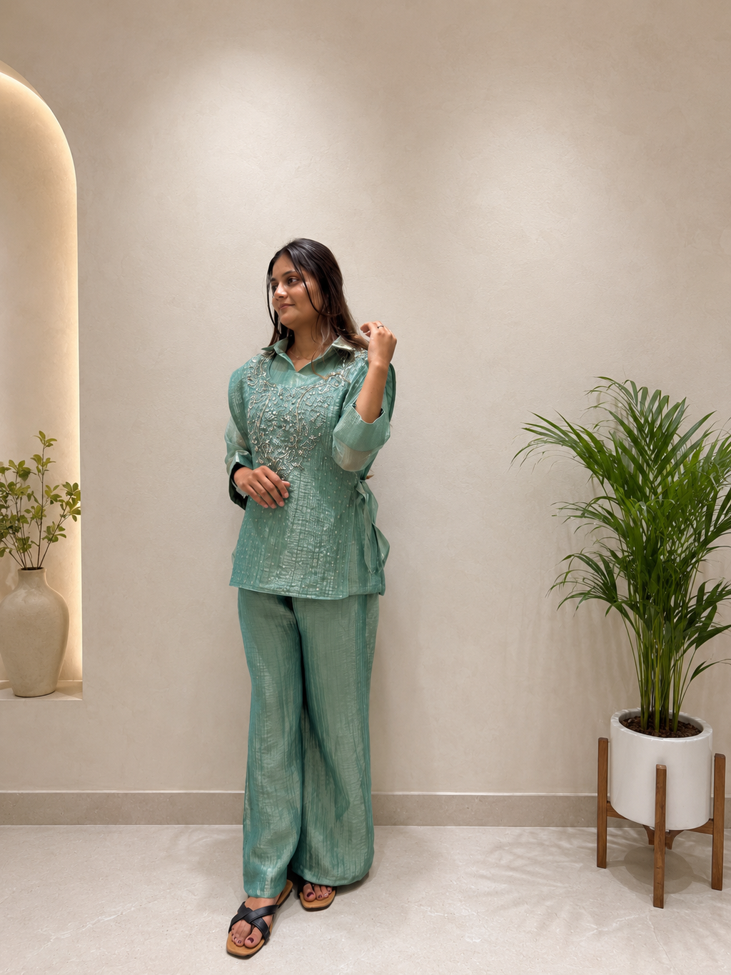 Very Beautiful Sage Green Salsa Silk HandWork Co-Ord Set
