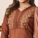 Premium Brown Roman Silk Embroidered Kurti Pant Dupatta Set