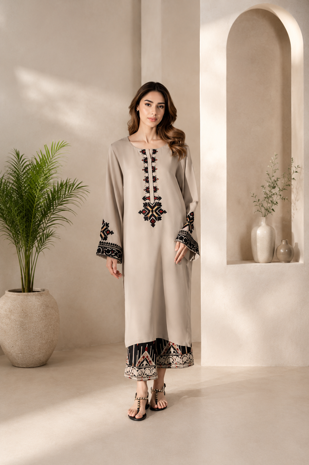 Elegant Beige Rayon Satin Thread Work Kurta Palazzo Set